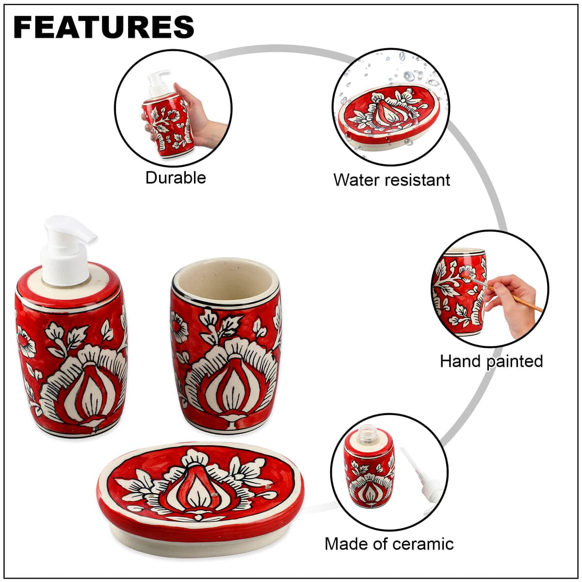 Set of 3 Ceramic Bathroom Accessory Liquid Soap Dispenser, Soap Tray & Tumbler - Red and White image number 2