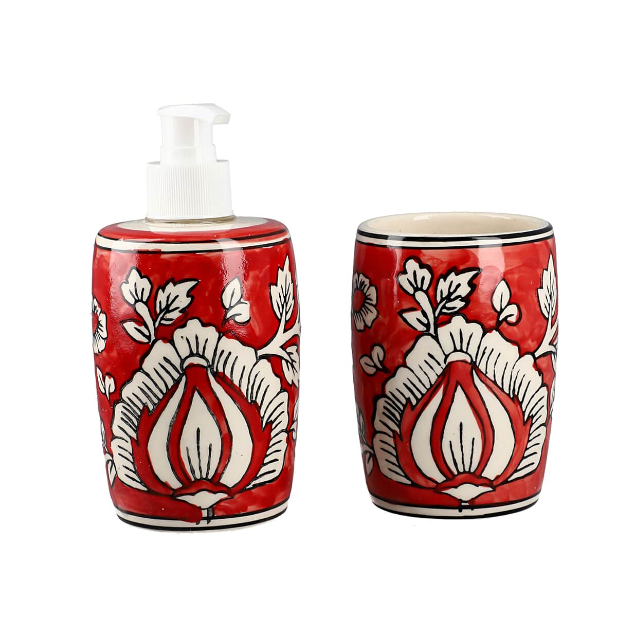 Set of 3 Ceramic Bathroom Accessory Liquid Soap Dispenser, Soap Tray & Tumbler - Red and White image number 6