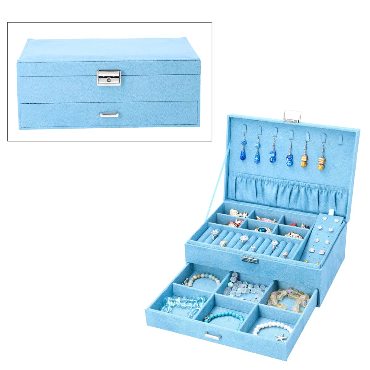 Sky Blue Velvet 2 Layer Jewelry Box with Lock and Key image number 0