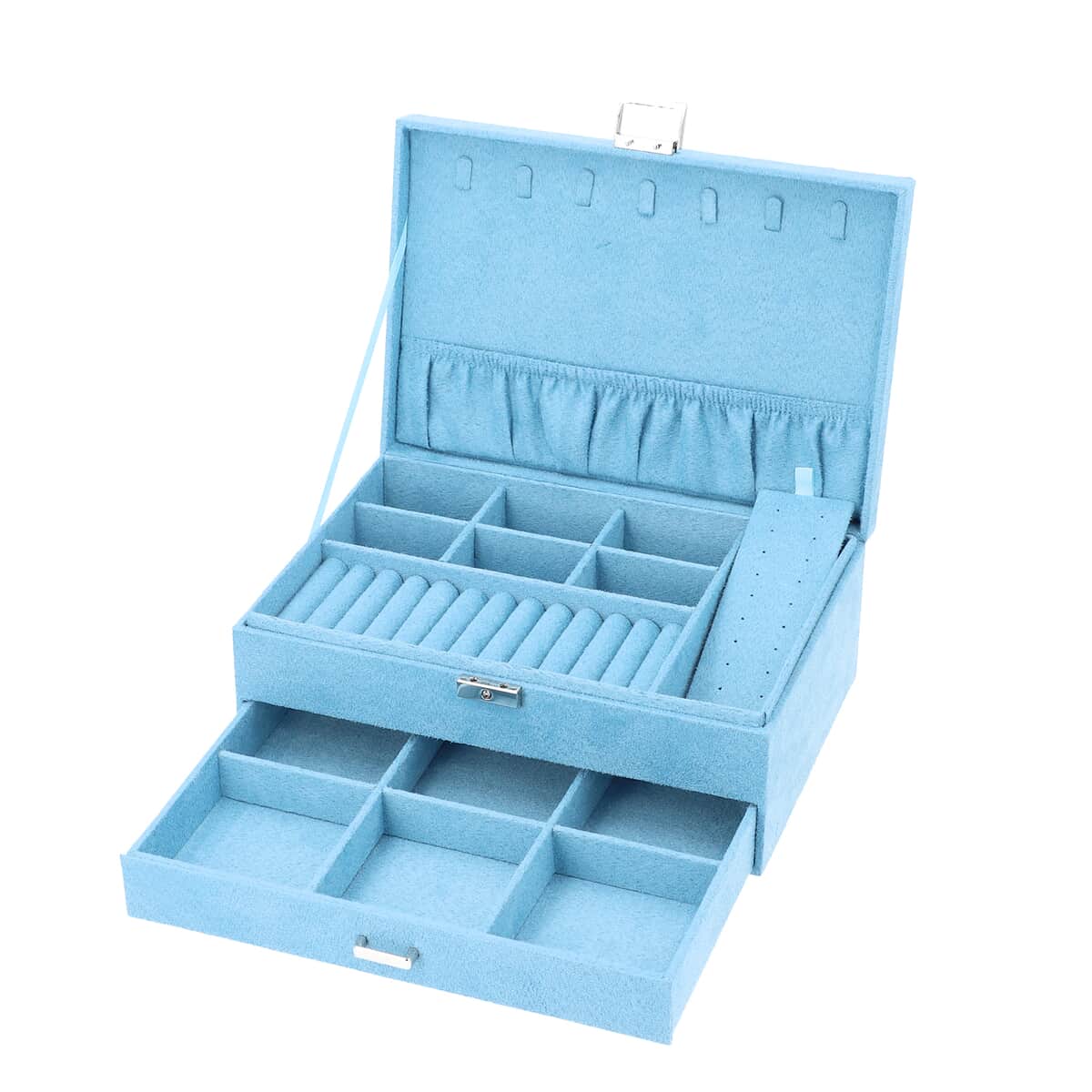 Sky Blue Velvet 2 Layer Jewelry Box with Lock and Key image number 4