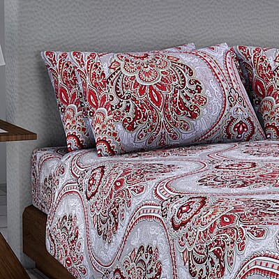 Homesmart Red Damask Print Pattern 6 Pcs Microfiber Sheet Set (with 14 Deep Pocket) - King , Bed Sheets , Fitted Sheet , Bed Sheet Set , Microfiber Sheets