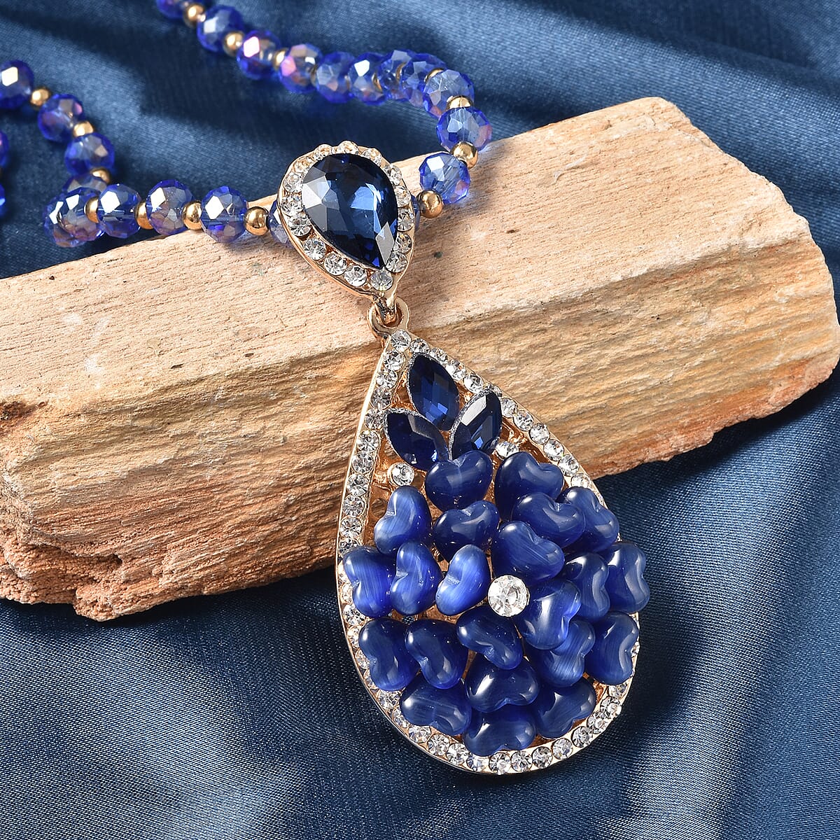 Simulated Blue Cat's Eye and Simulated Multi Gemstone Necklace 28 Inches in Goldtone image number 1