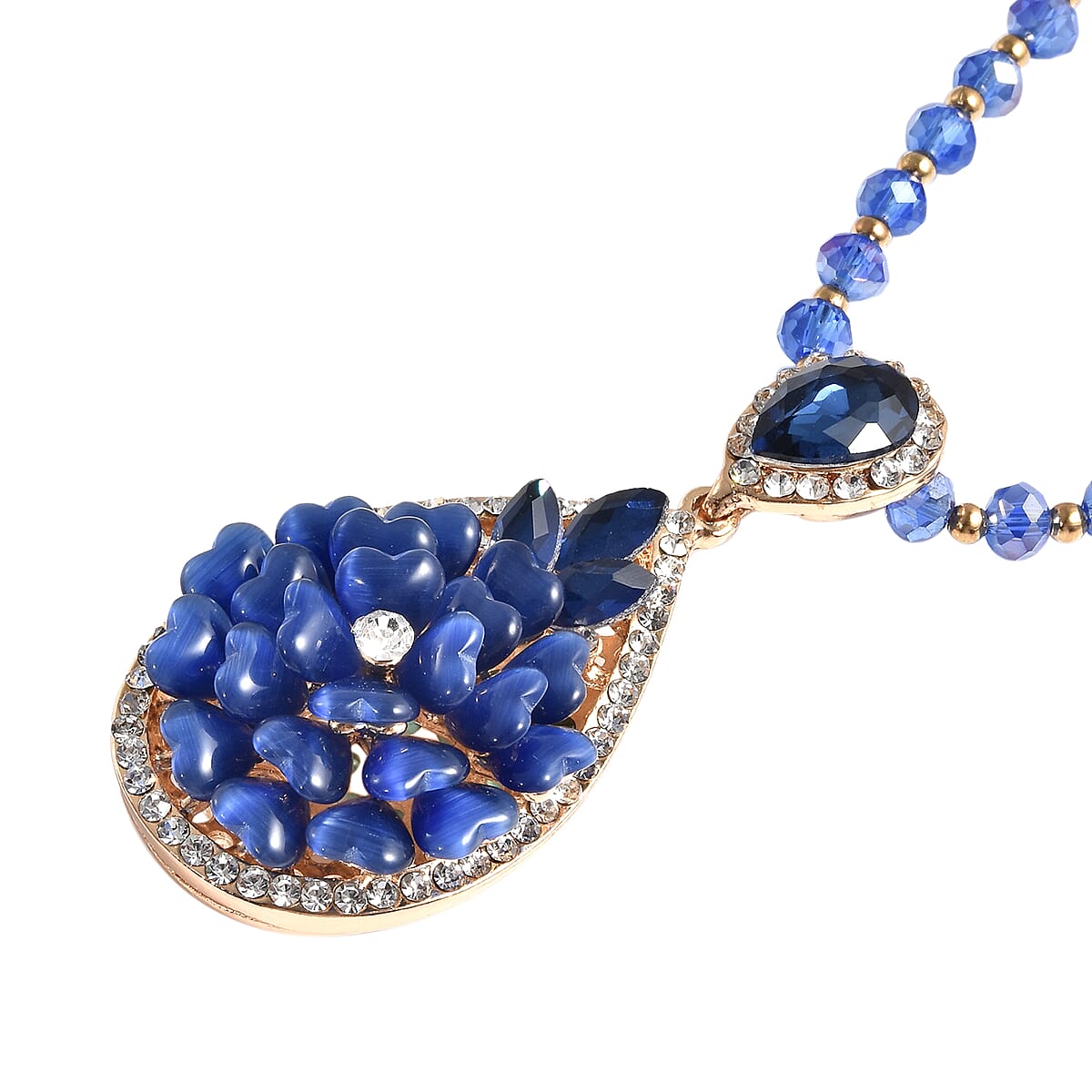 Simulated Blue Cat's Eye and Simulated Multi Gemstone Necklace 28 Inches in Goldtone image number 2