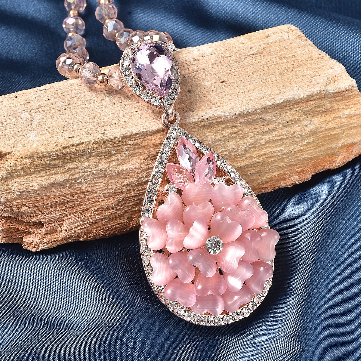 Simulated Pink Cat's Eye and Simulated Multi Gemstone  Necklace 28 Inches in Rosetone image number 1