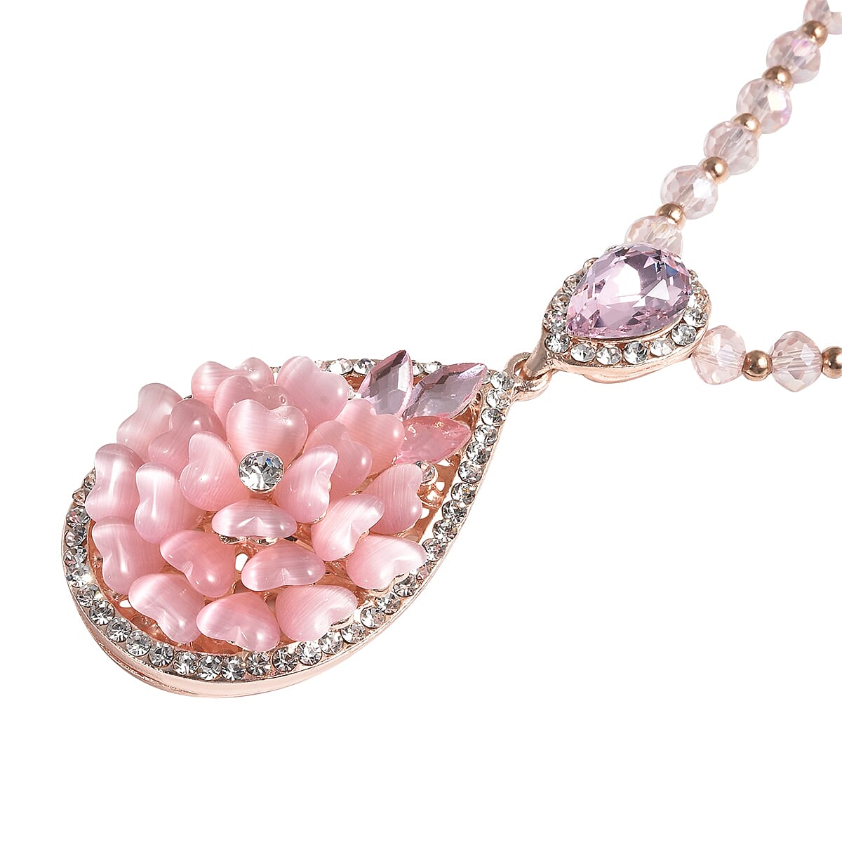 Simulated Pink Cat's Eye and Simulated Multi Gemstone  Necklace 28 Inches in Rosetone image number 2