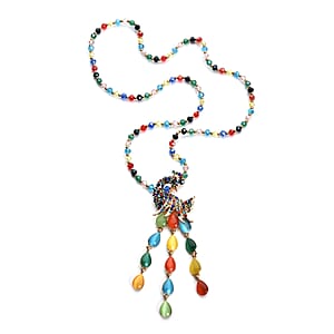 Lab Created Cat's Eye and Multi Austrian Crystal Peacock Necklace 28 Inches in Goldtone