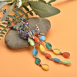 Lab Created Cat's Eye and Multi Austrian Crystal Peacock Necklace 28 Inches in Goldtone