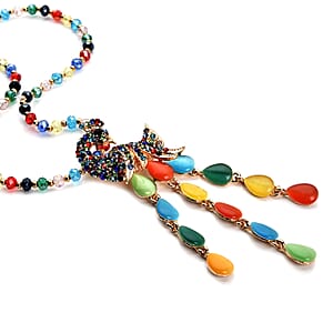 Lab Created Cat's Eye and Multi Austrian Crystal Peacock Necklace 28 Inches in Goldtone