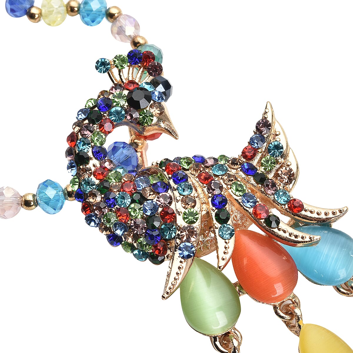 Lab Created Cat's Eye and Multi Austrian Crystal Peacock Necklace 28 Inches in Goldtone image number 3