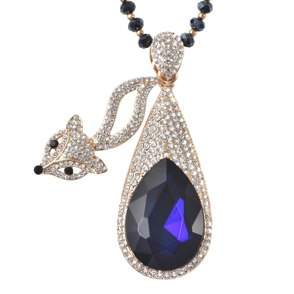 Simulated Blue Sapphire, Black and White Austrian Crystal Fox Necklace 28 Inches in Goldtone image number 0