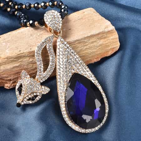 Simulated Blue Sapphire, Black and White Austrian Crystal Fox Necklace 28 Inches in Goldtone image number 1