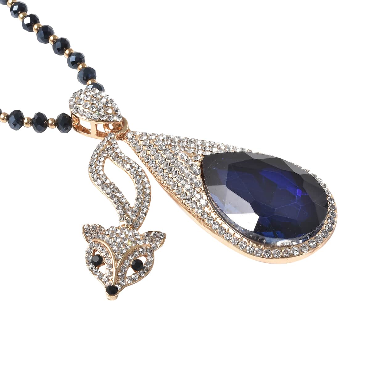 Simulated Blue Sapphire, Black and White Austrian Crystal Fox Necklace 28 Inches in Goldtone image number 2