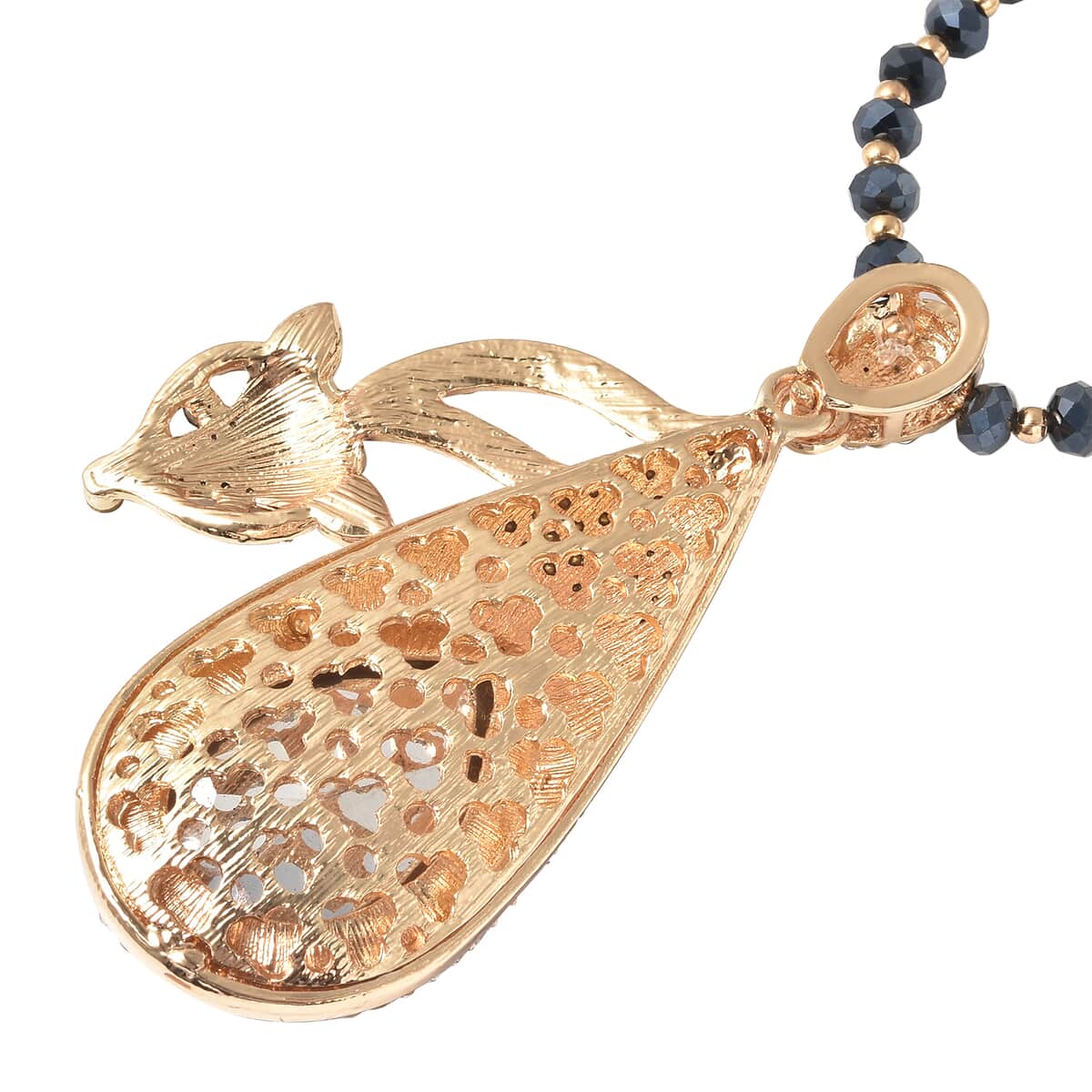 Simulated Blue Sapphire, Black and White Austrian Crystal Fox Necklace 28 Inches in Goldtone image number 3
