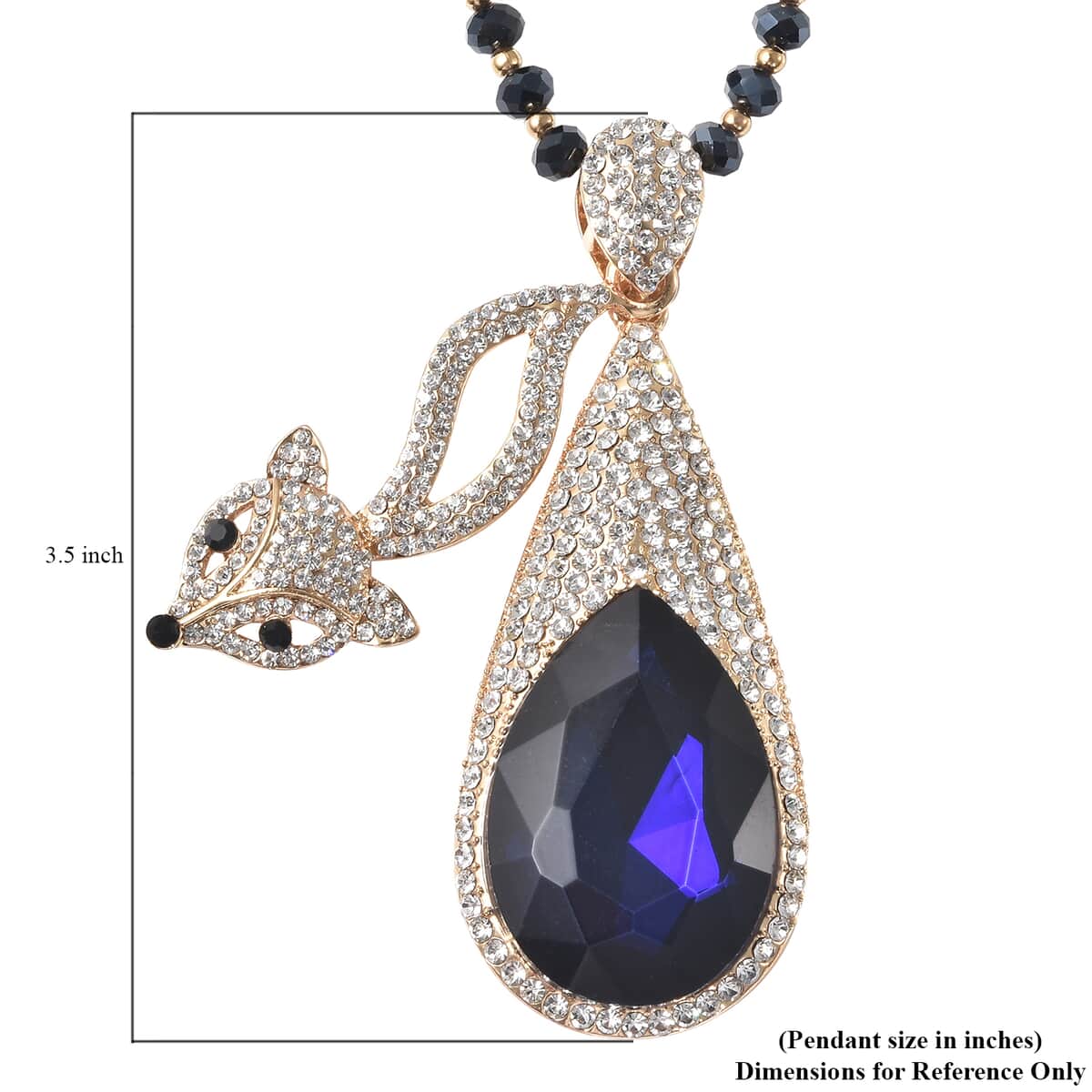 Simulated Blue Sapphire, Black and White Austrian Crystal Fox Necklace 28 Inches in Goldtone image number 5
