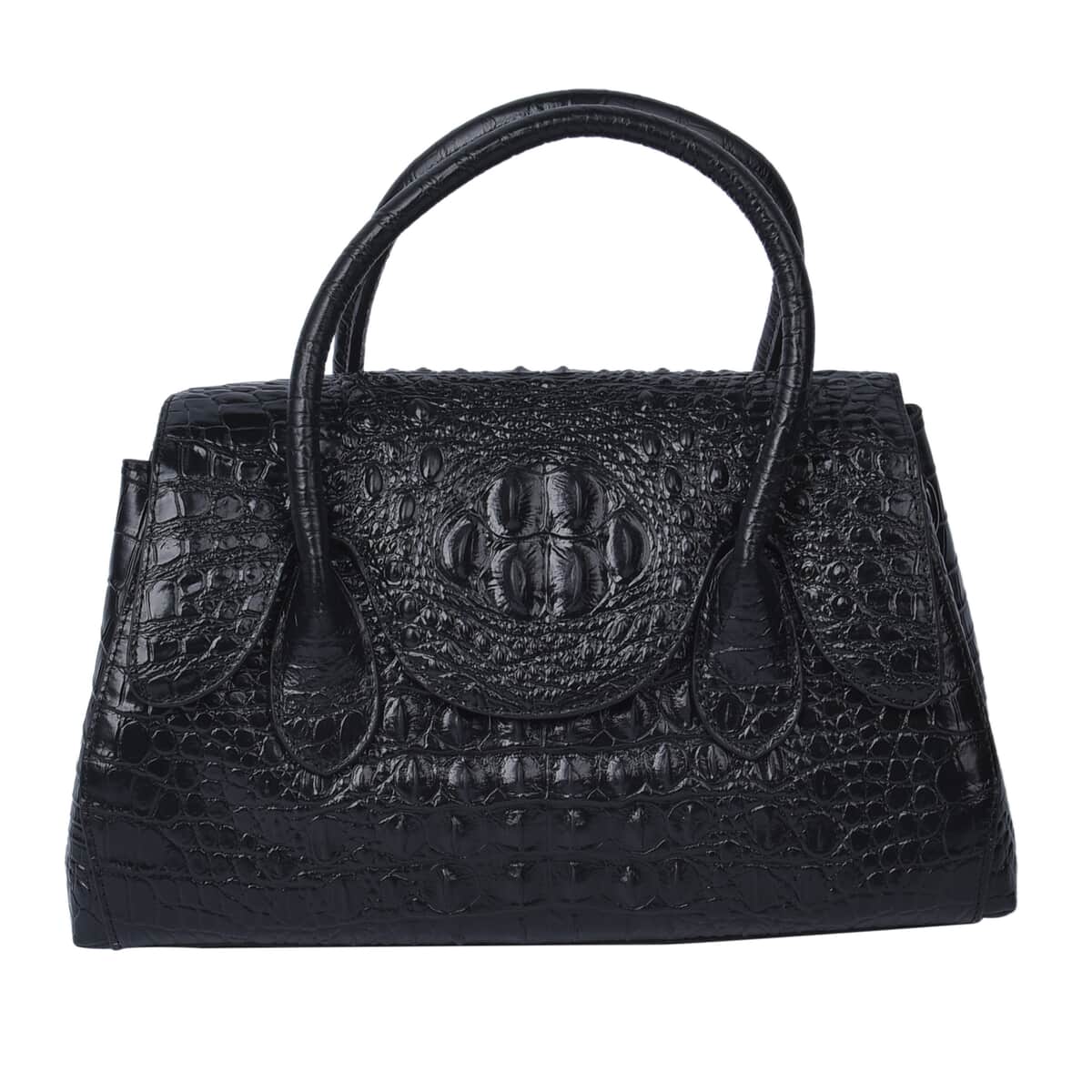 Black Crocodile Skin Pattern Inspired Genuine Leather Convertible Tote Bag image number 0