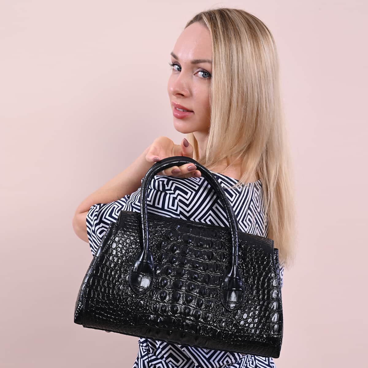 Black Crocodile Skin Pattern Inspired Genuine Leather Convertible Tote Bag image number 2