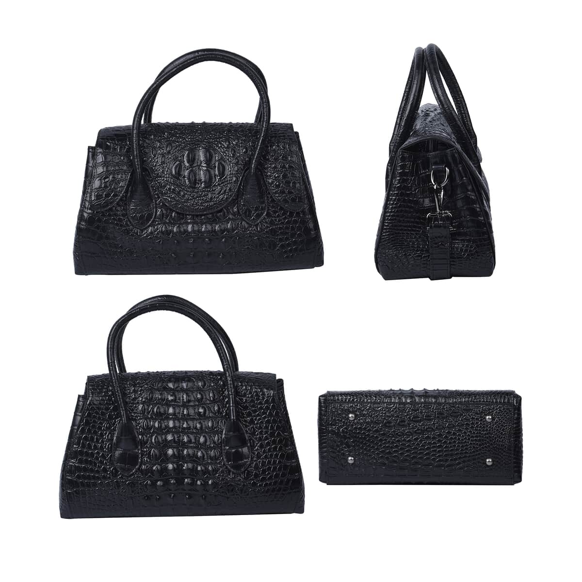 Black Crocodile Skin Pattern Inspired Genuine Leather Convertible Tote Bag image number 3