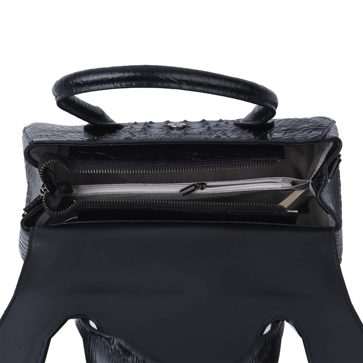 Black Crocodile Skin Pattern Inspired Genuine Leather Convertible Tote Bag image number 4