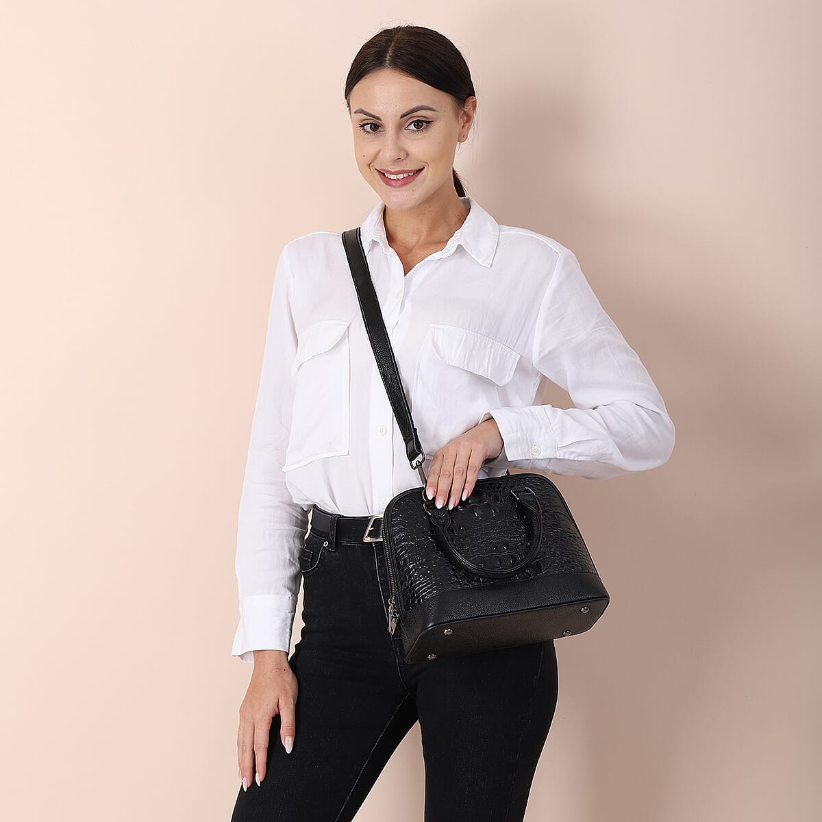 Black Crocodile Skin Pattern Inspired Half Moon Shape Genuine Leather Convertible Bag (10"x4.75"x8") image number 1