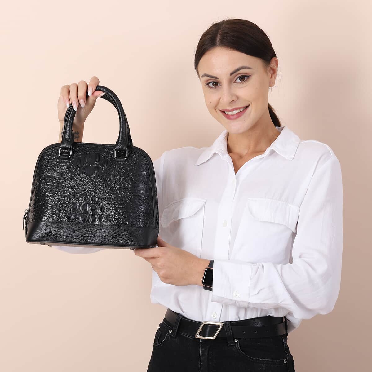 NewAge Black Genuine Leather Croco Embossed Tote Bag with Dual Zipper Wristlet Pouch , Shop LC