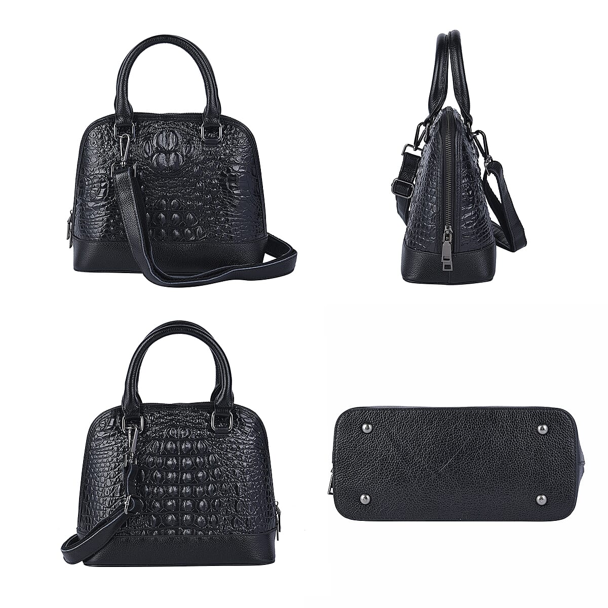 Black Crocodile Skin Pattern Inspired Half Moon Shape Genuine Leather Convertible Bag (10"x4.75"x8") image number 3