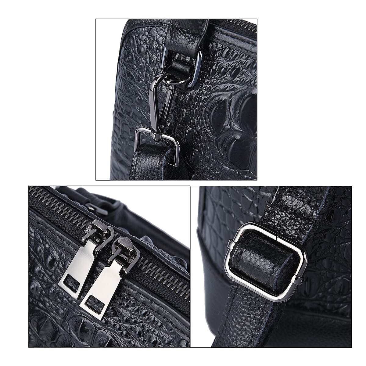 Black Crocodile Skin Pattern Inspired Half Moon Shape Genuine Leather Convertible Bag (10"x4.75"x8") image number 4