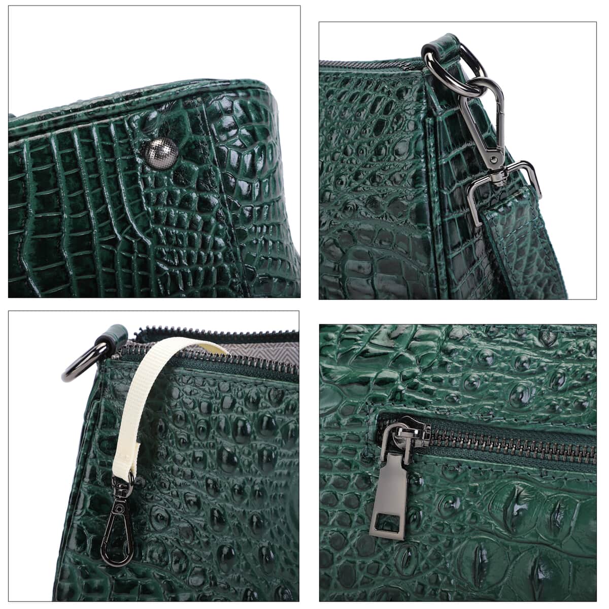 Green Crocodile Skin Pattern Genuine Leather Hobo Bag image number 4