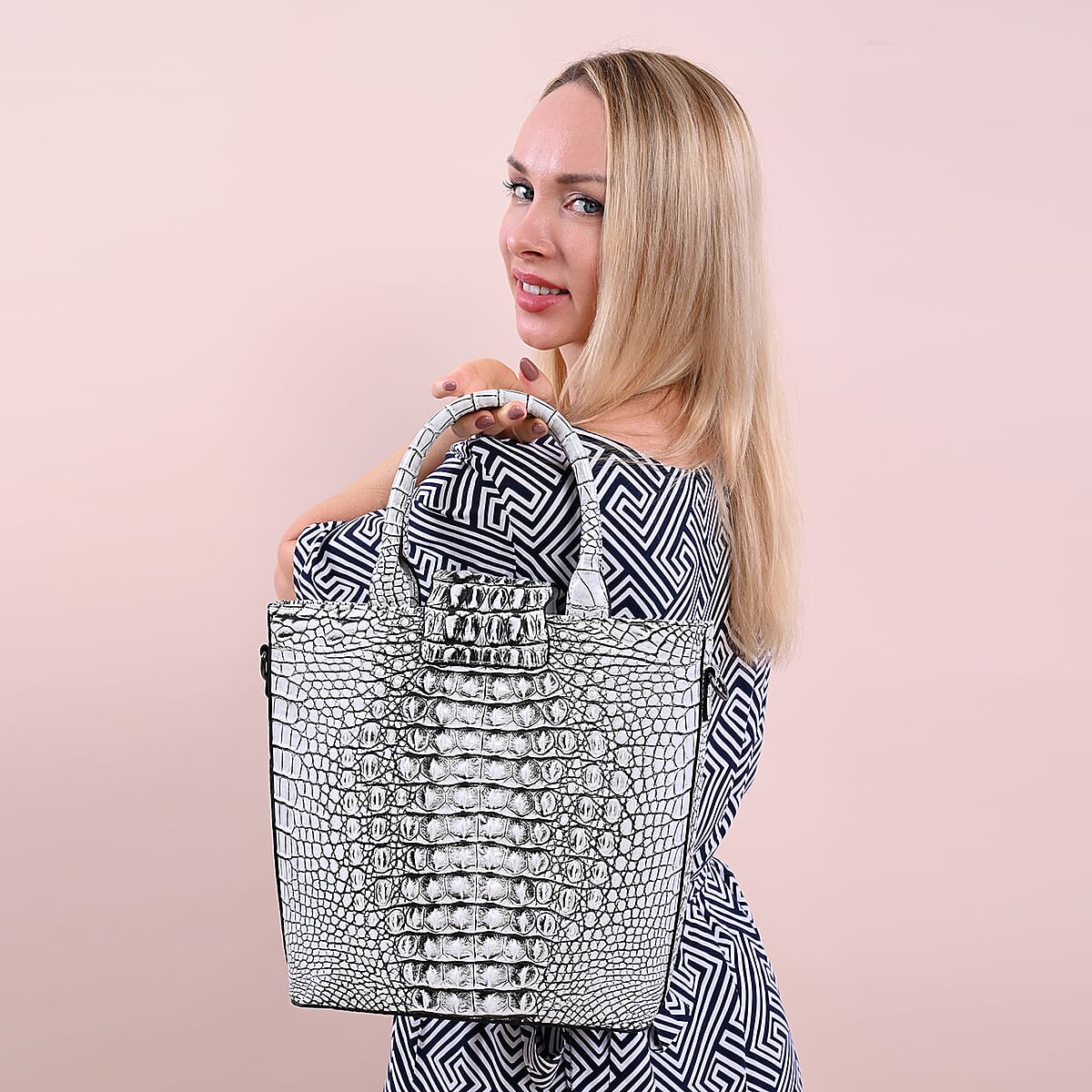 White Crocodile Skin Pattern Genuine Leather Convertible Tote Bag image number 2
