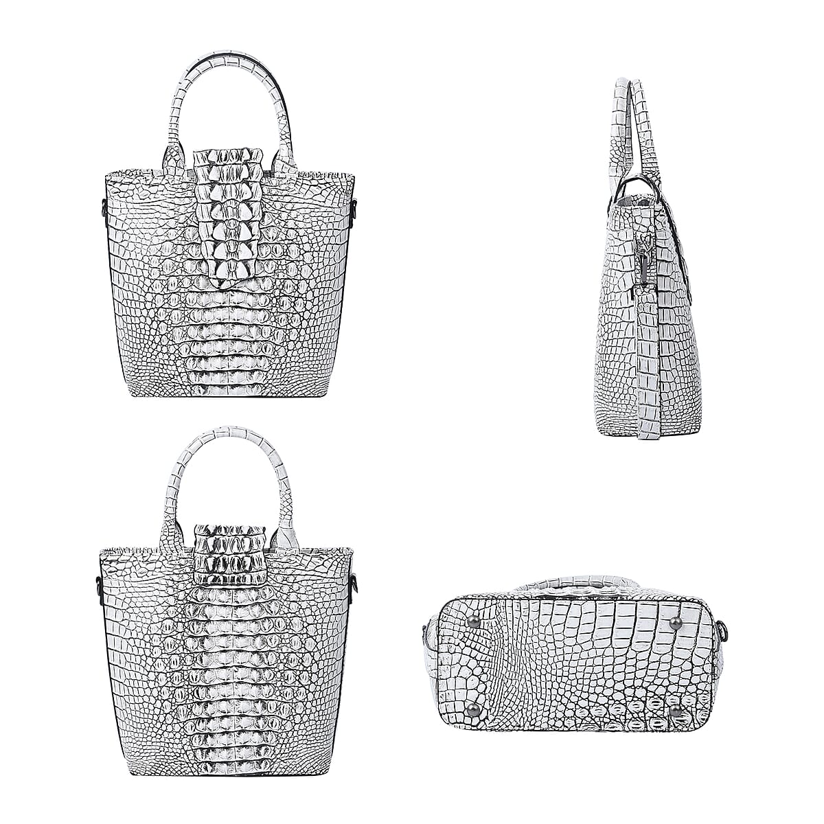 White Crocodile Skin Pattern Genuine Leather Convertible Tote Bag image number 3