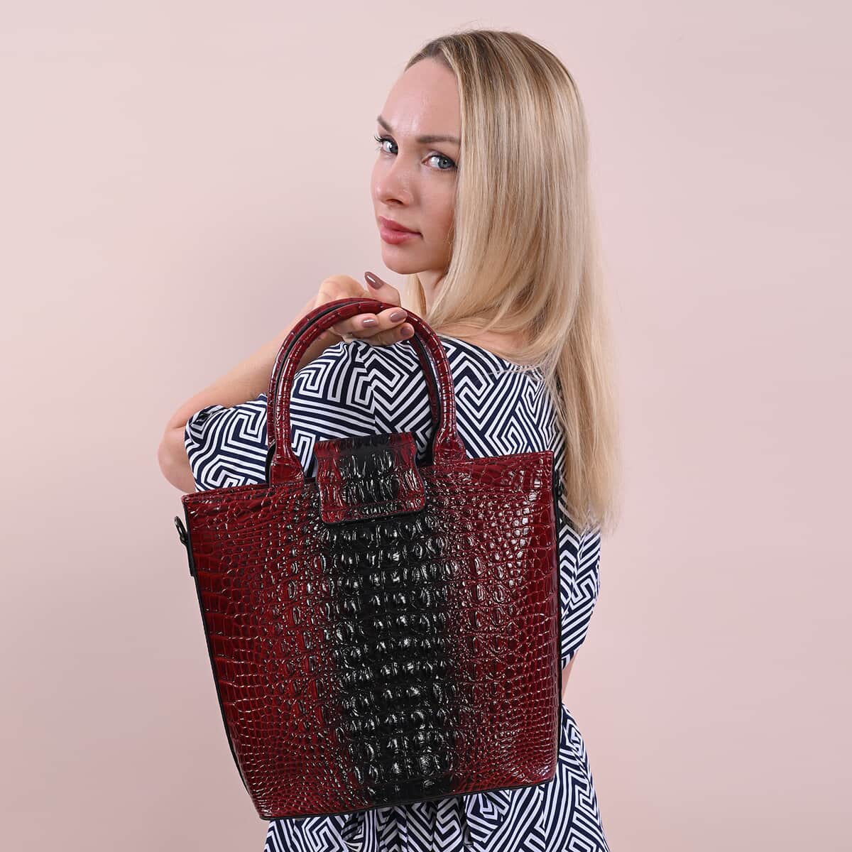 Wine Red Crocodile Skin Pattern Genuine Leather Convertible Tote Bag image number 1
