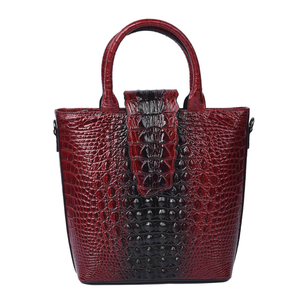 Wine Red Crocodile Skin Pattern Genuine Leather Convertible Tote Bag image number 2