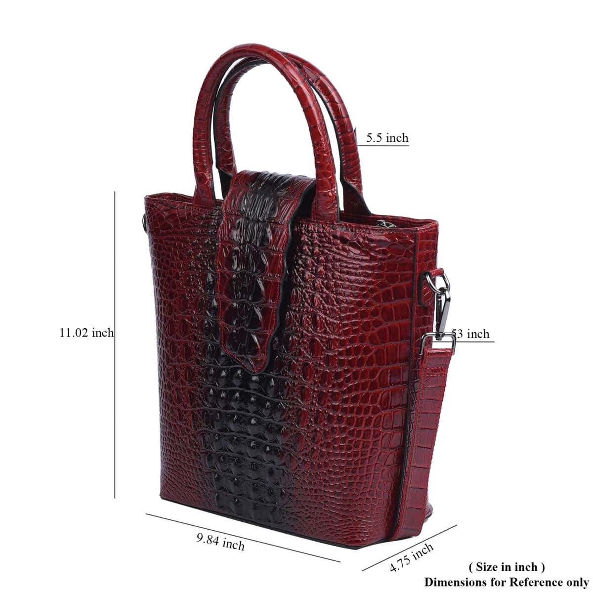 Wine Red Crocodile Skin Pattern Genuine Leather Convertible Tote Bag image number 3
