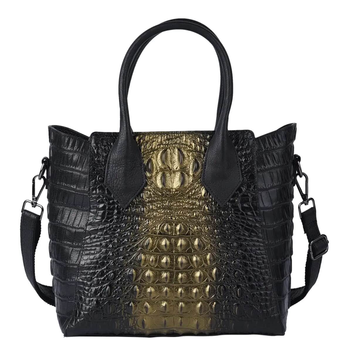 Black and Golden Crocodile Embossed Pattern Genuine Leather Convertible Tote Bag for Women, Purses, Satchel Purse, Shoulder Handbag image number 0