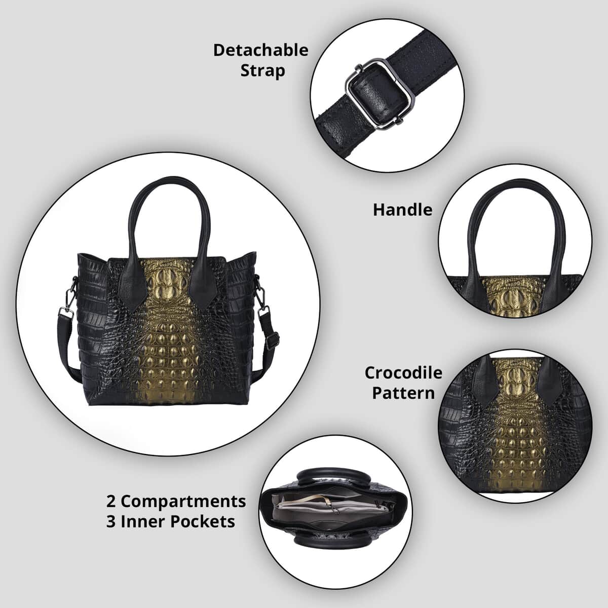 Black and Golden Crocodile Embossed Pattern Genuine Leather Convertible Tote Bag for Women, Purses, Satchel Purse, Shoulder Handbag image number 3