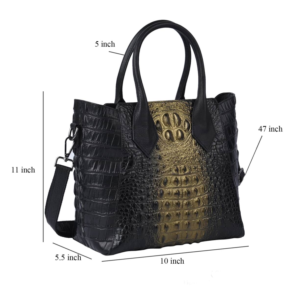 Black Crocodile Skin Pattern Genuine Leather Convertible Tote Bag image number 5
