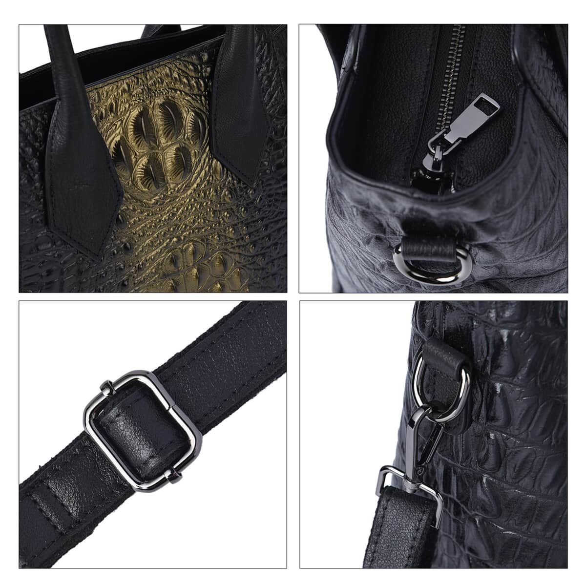 Black Crocodile Skin Pattern Genuine Leather Convertible Tote Bag image number 6
