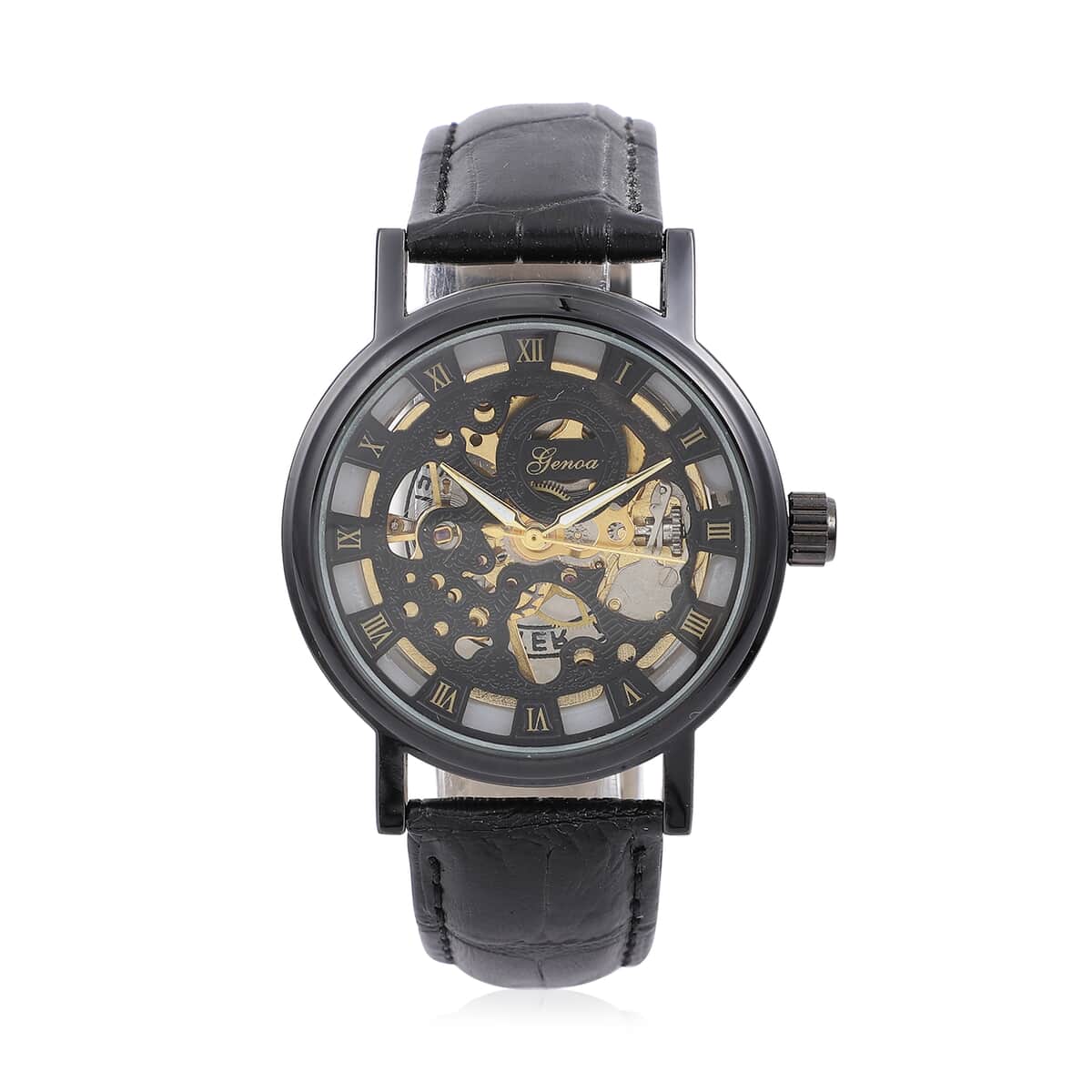 Genoa Automatic Mechanical Movement Hollowed Out Watch in Black with Black Leather Band image number 0