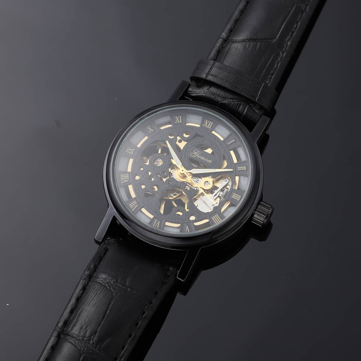 Genoa Automatic Mechanical Movement Hollowed Out Watch in Black with Black Leather Band image number 1