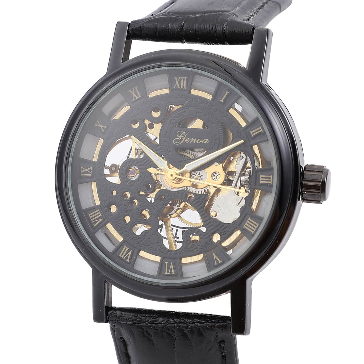 Genoa Automatic Mechanical Movement Hollowed Out Watch in Black with Black Leather Band image number 3