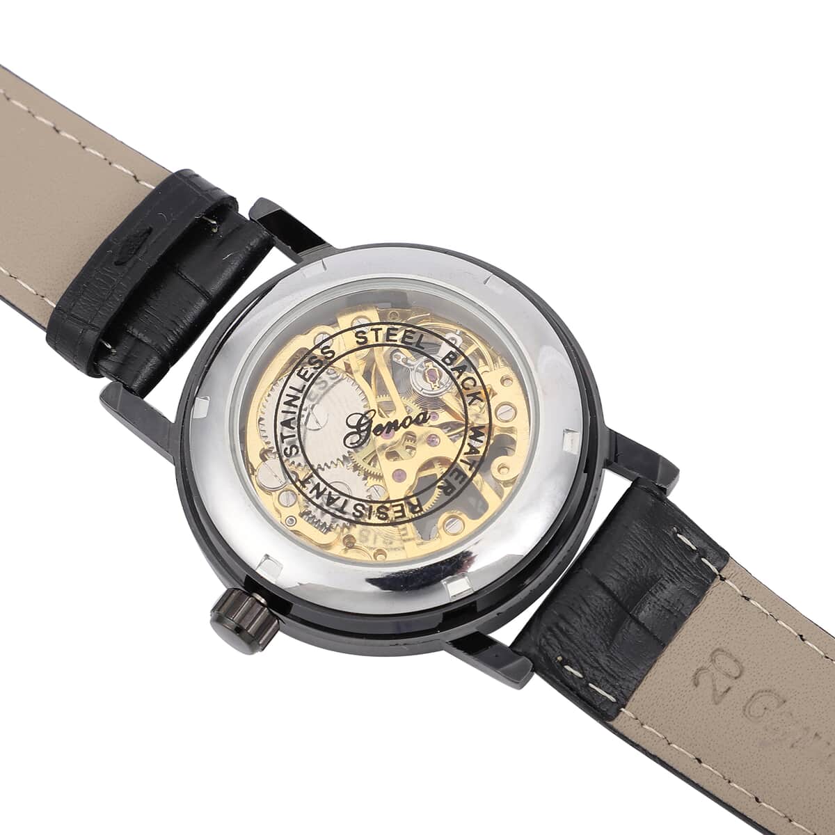 Genoa Automatic Mechanical Movement Hollowed Out Watch in Black with Black Leather Band image number 5