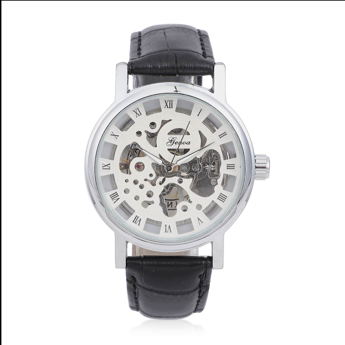 Genoa Automatic Mechanical Movement Hollowed Out Watch in Silvertone with Black Leather Band image number 0
