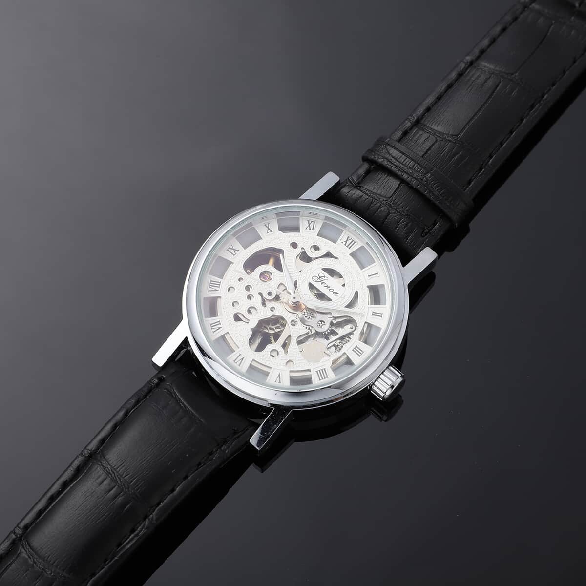GENOA Automatic Mechanical Movement Hollowed Out Watch in Black with Black Leather Band image number 1