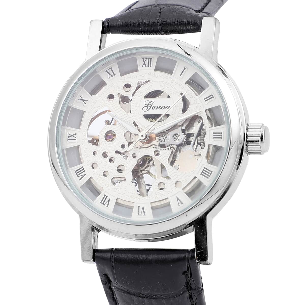 Genoa Automatic Mechanical Movement Hollowed Out Watch in Silvertone with Black Leather Band image number 3