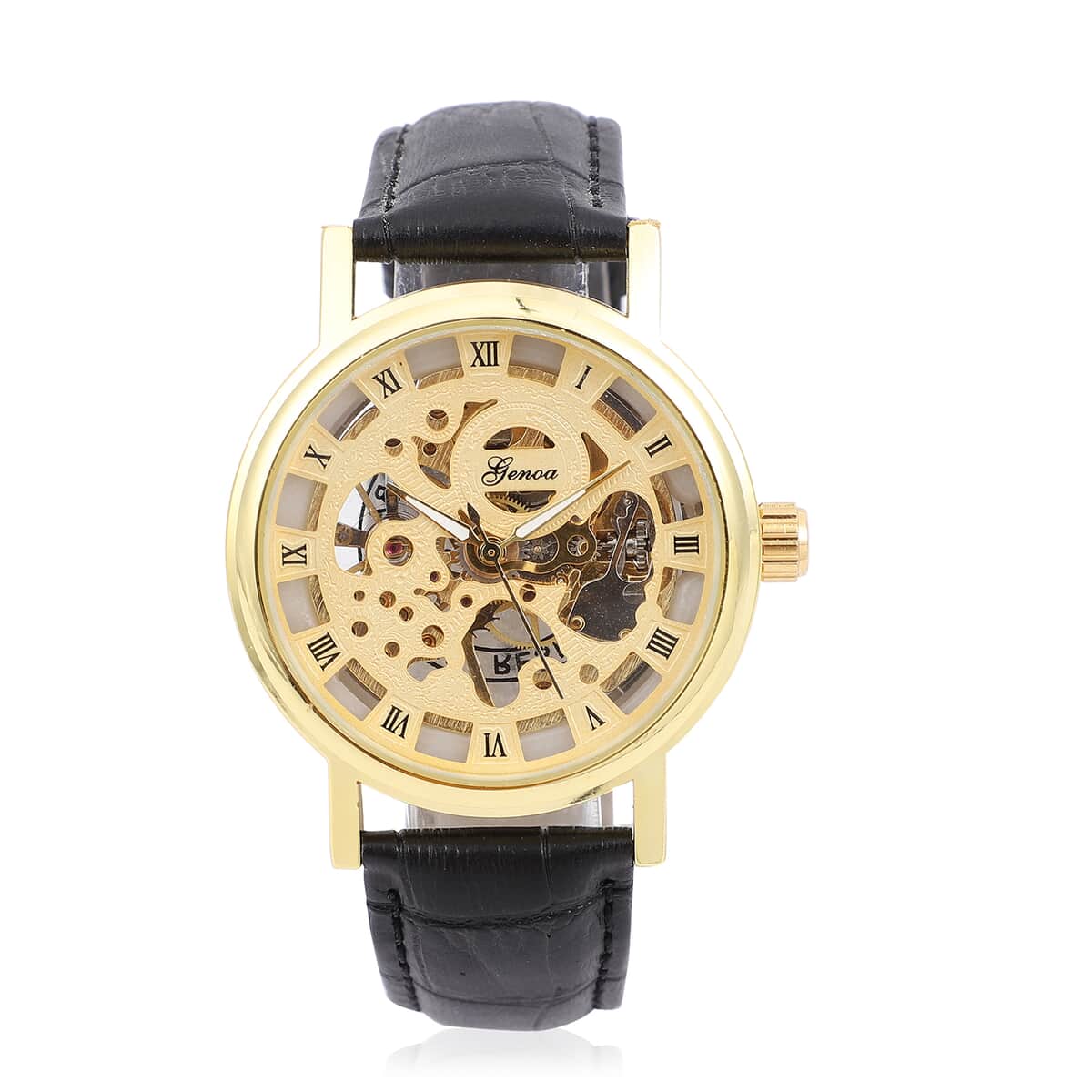 Genoa Automatic Mechanical Movement Hollowed Out Watch in Goldtone with Black Leather Band image number 0