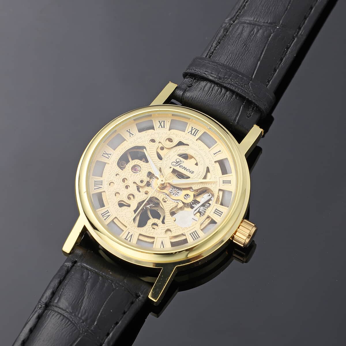 Genoa Automatic Mechanical Movement Hollowed Out Watch in Goldtone with Black Leather Band image number 1