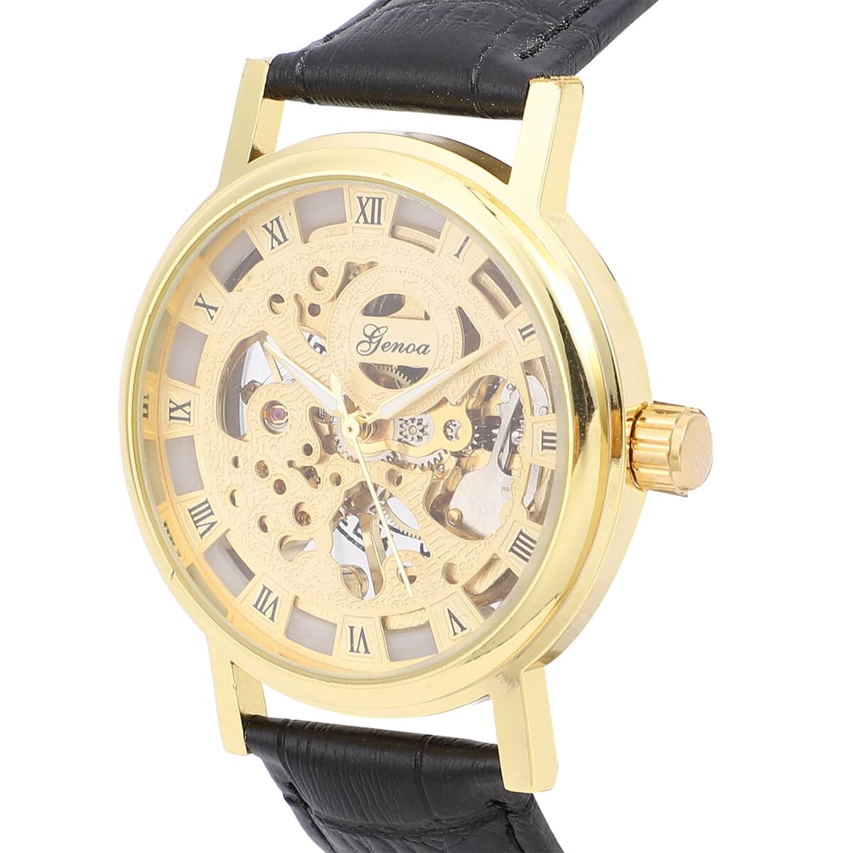 Genoa Automatic Mechanical Movement Hollowed Out Watch in Goldtone with Black Leather Band image number 3