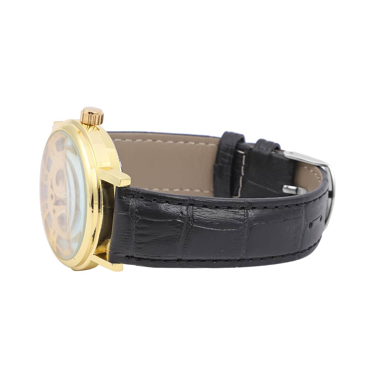 Genoa Automatic Mechanical Movement Hollowed Out Watch in Goldtone with Black Leather Band image number 4