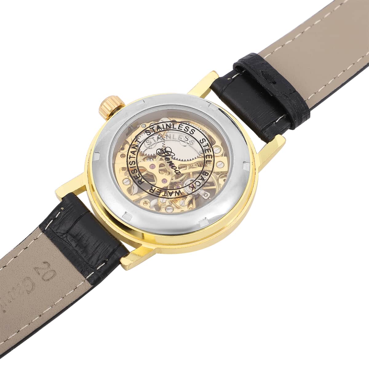 Genoa Automatic Mechanical Movement Hollowed Out Watch in Goldtone with Black Leather Band image number 5