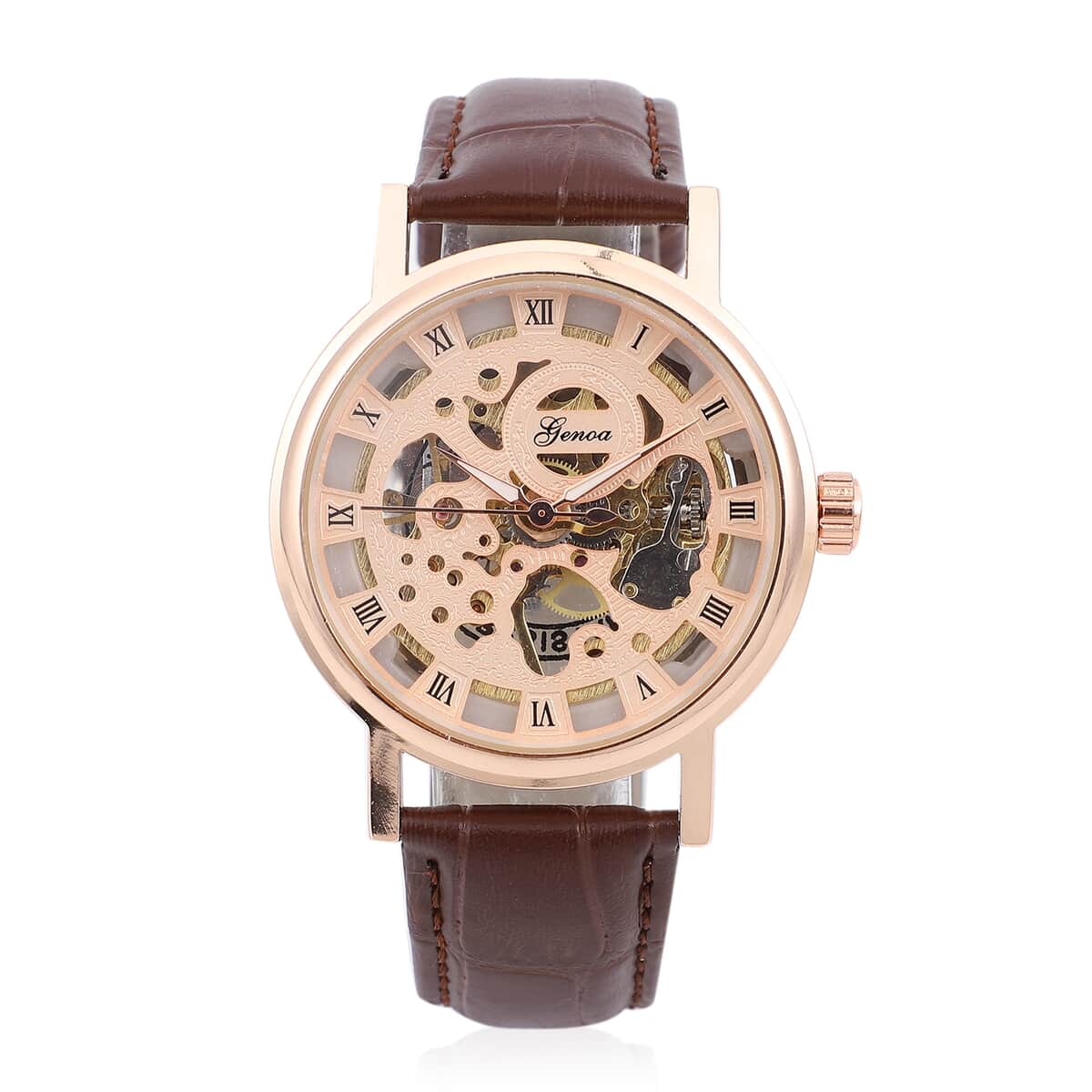 Genoa Automatic Mechanical Movement Hollowed Out Watch in Rosetone with Brown Leather Band image number 0