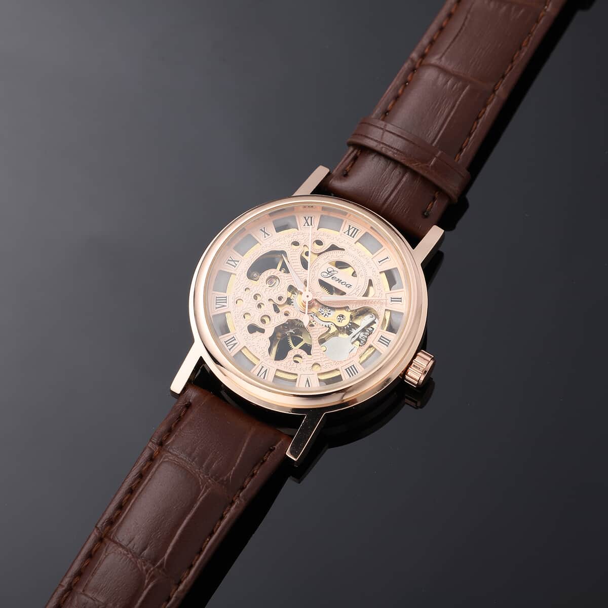 Genoa Automatic Mechanical Movement Hollowed Out Watch in Rosetone with Brown Leather Band image number 1